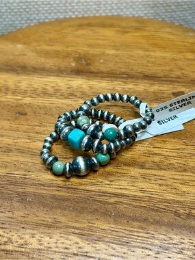 Sterling Silver Beaded Ring Set with Turquoise and Green Stone Accents